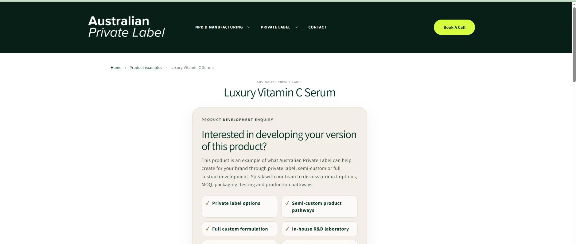 Webpage of Australian Private Label showcasing a Luxury Vitamin C Serum with private label and custom formulation options.